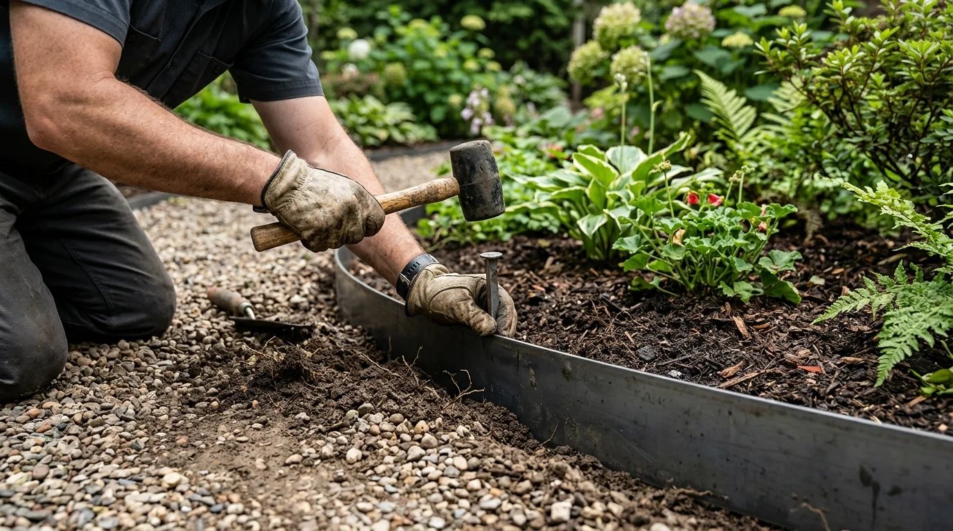 Edge borders being installed to define a gravel pathway.