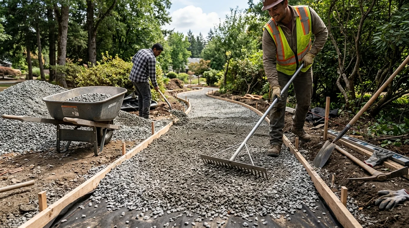 Base material being laid for a durable gravel pathway.
