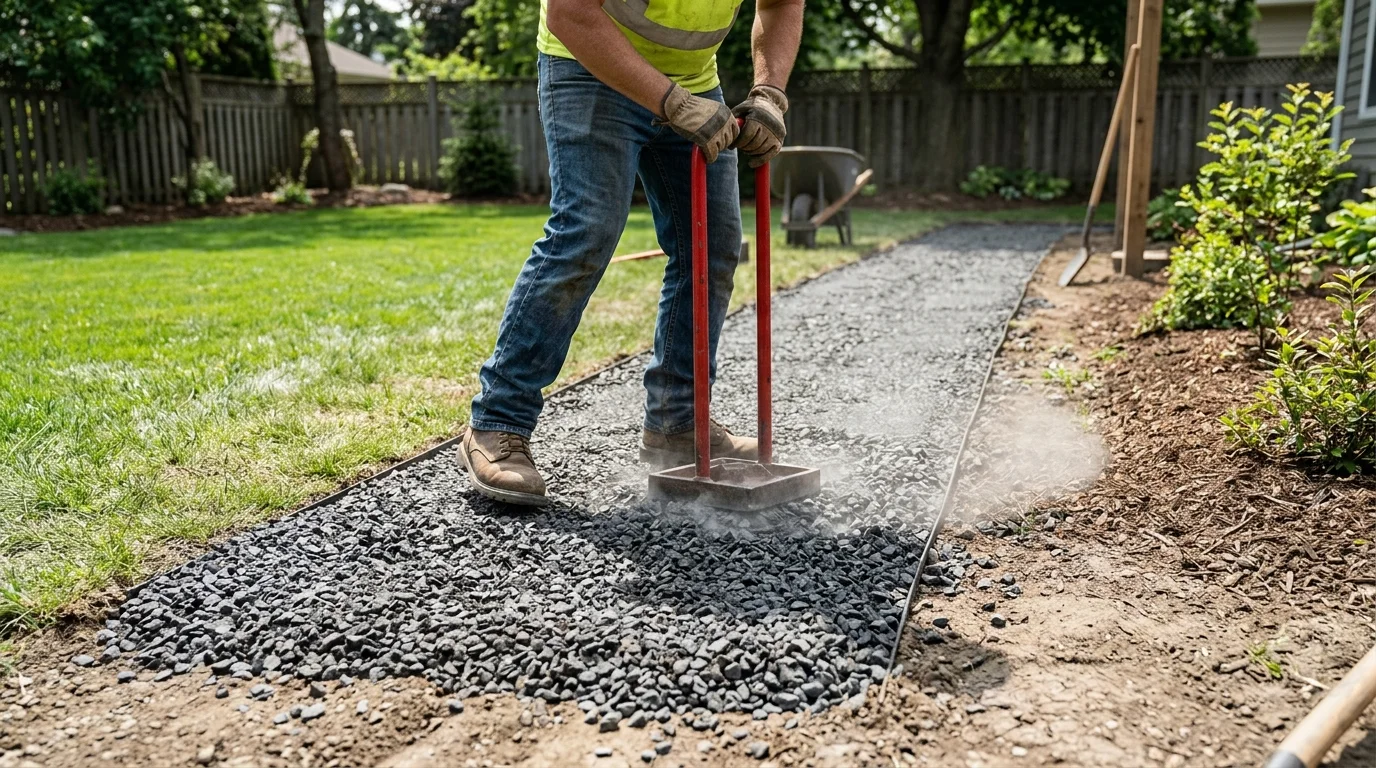 Compacting the gravel path base to create a stable foundation.