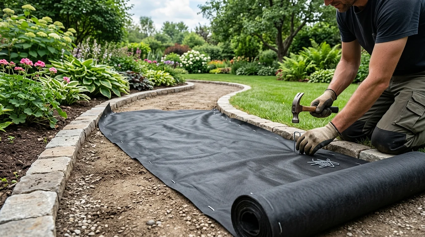 Landscape fabric being added beneath a gravel pathway.
