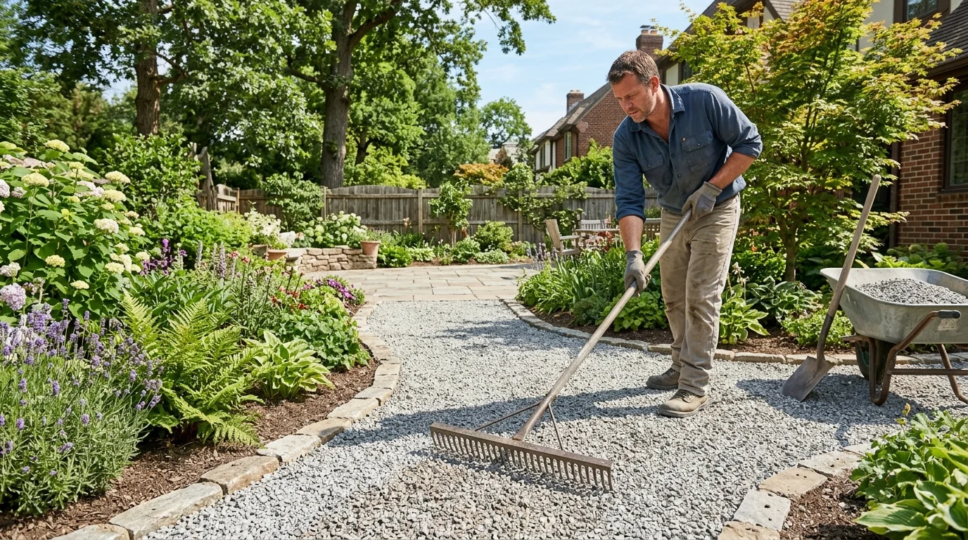 Gravel being spread evenly across a finished path surface.