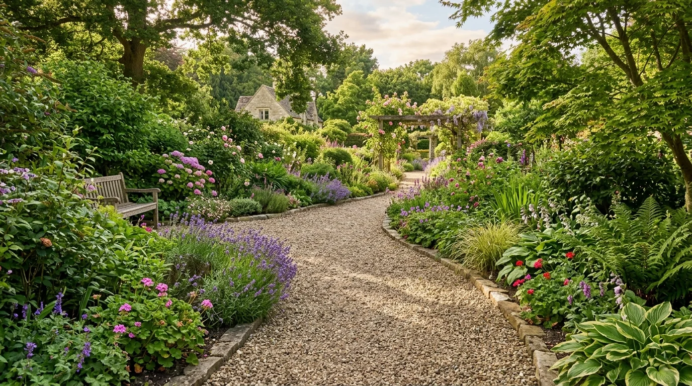 A curved gravel pathway design creating a softer garden flow.
