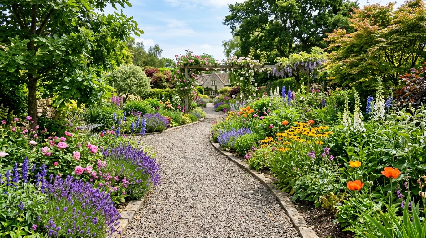 Gravel pathway framed by flower borders in a welcoming garden.