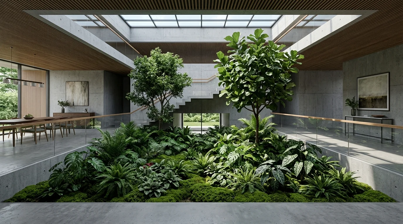 A central indoor green courtyard filled with plants.