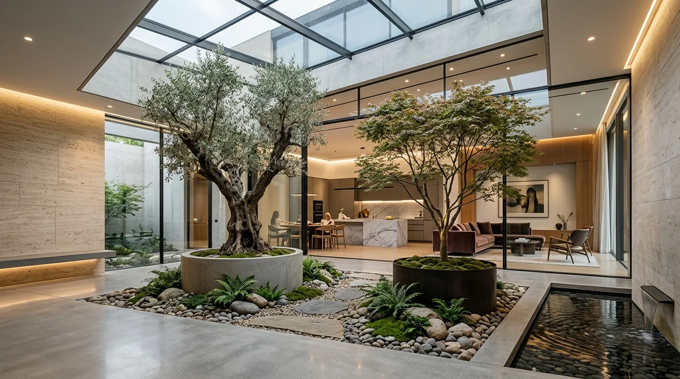 An indoor courtyard with sculptural trees.