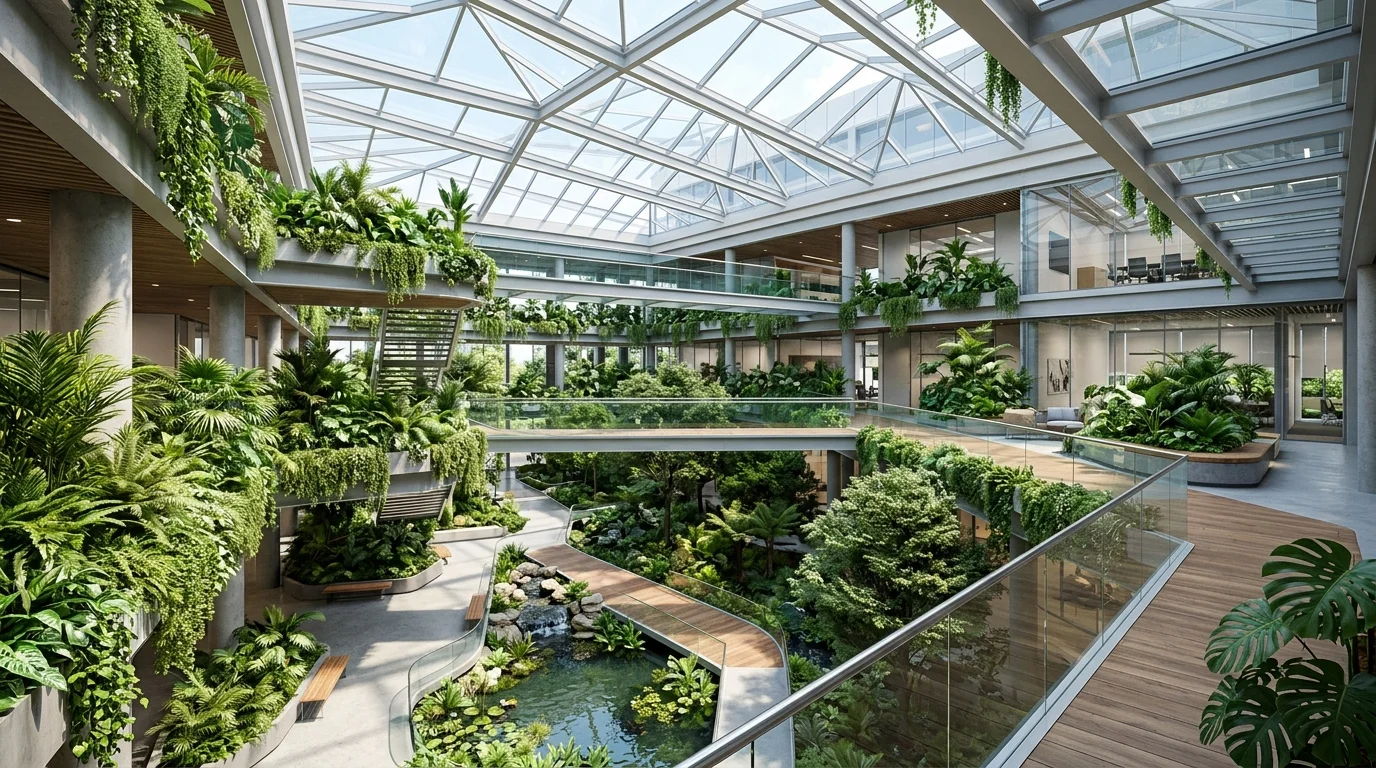 A multi-level indoor courtyard with layered zones.