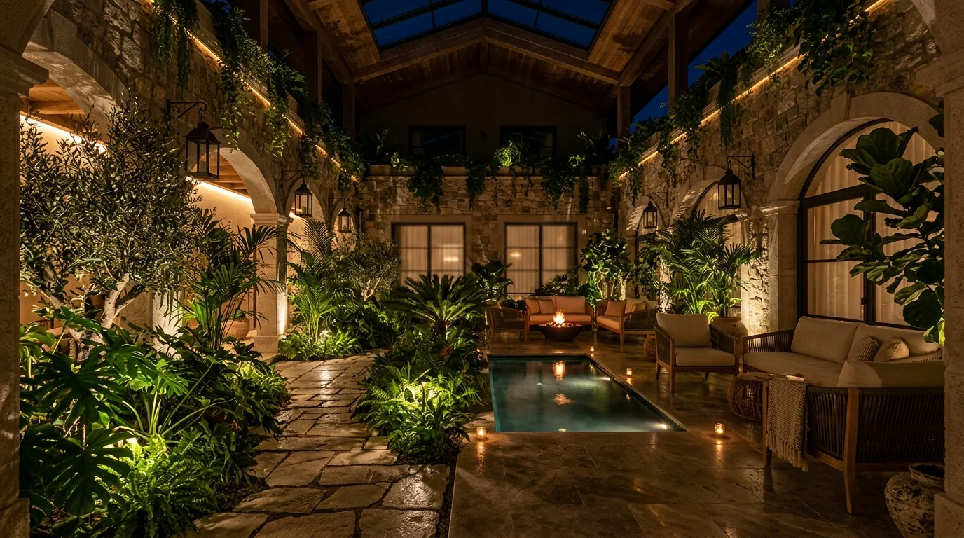 A night-lit indoor courtyard with soft lighting.
