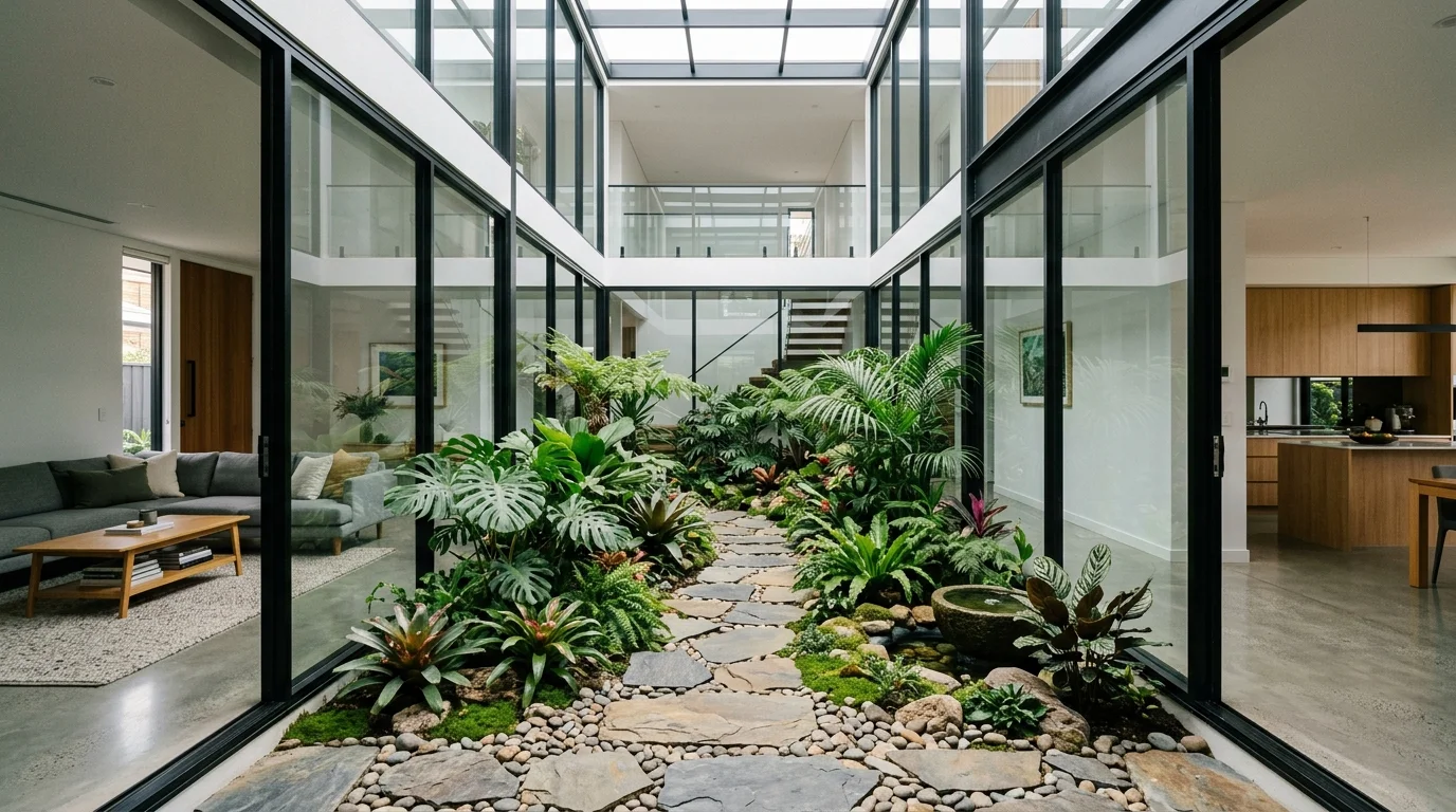 A glass-walled courtyard garden inside a home.