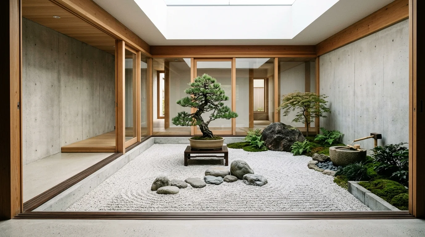 A minimalist zen indoor courtyard design.