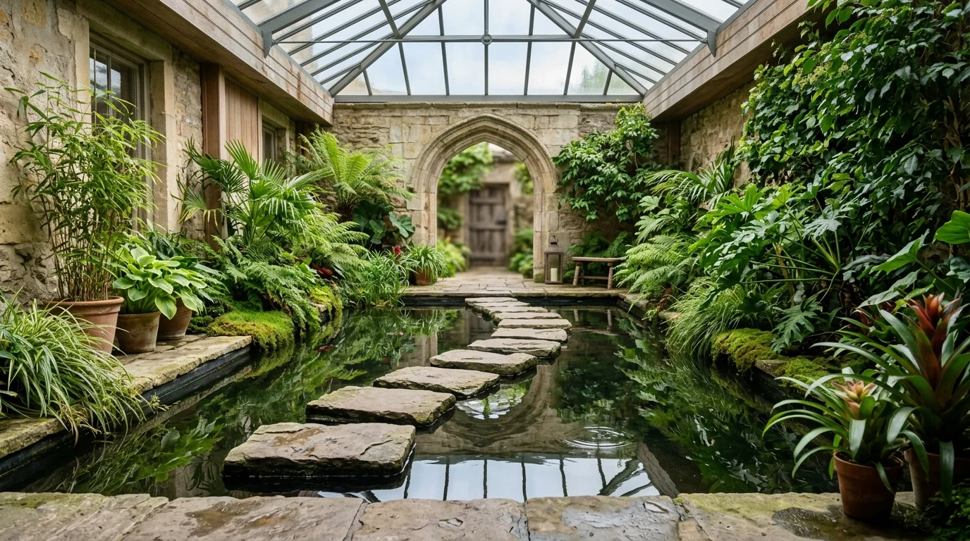 An indoor courtyard with a calming water feature.