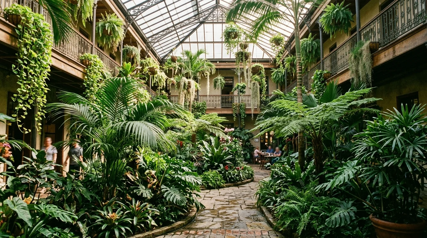 A tropical indoor jungle courtyard with layered greenery.