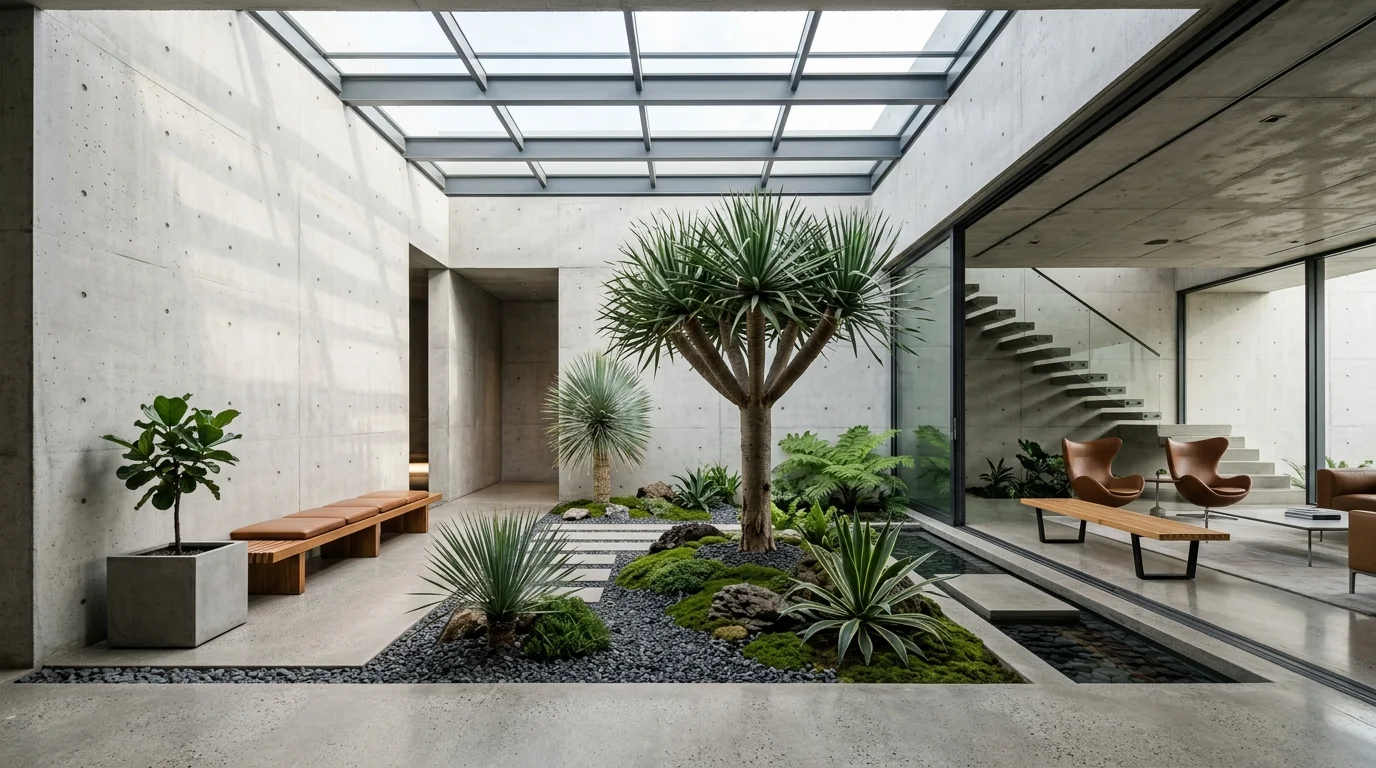 A modern concrete courtyard inside a home.