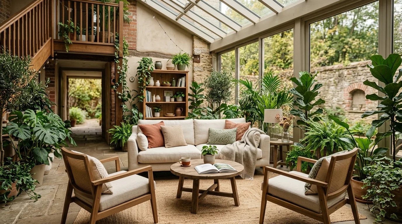 An indoor courtyard with a seating lounge.