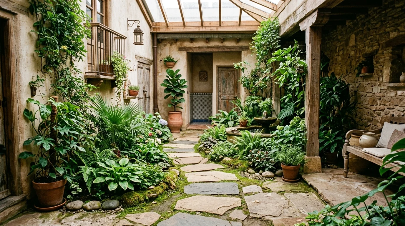 A stone path courtyard garden inside a home.