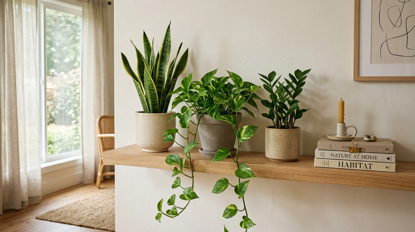 A minimalist plant shelf styled for low-care greenery.