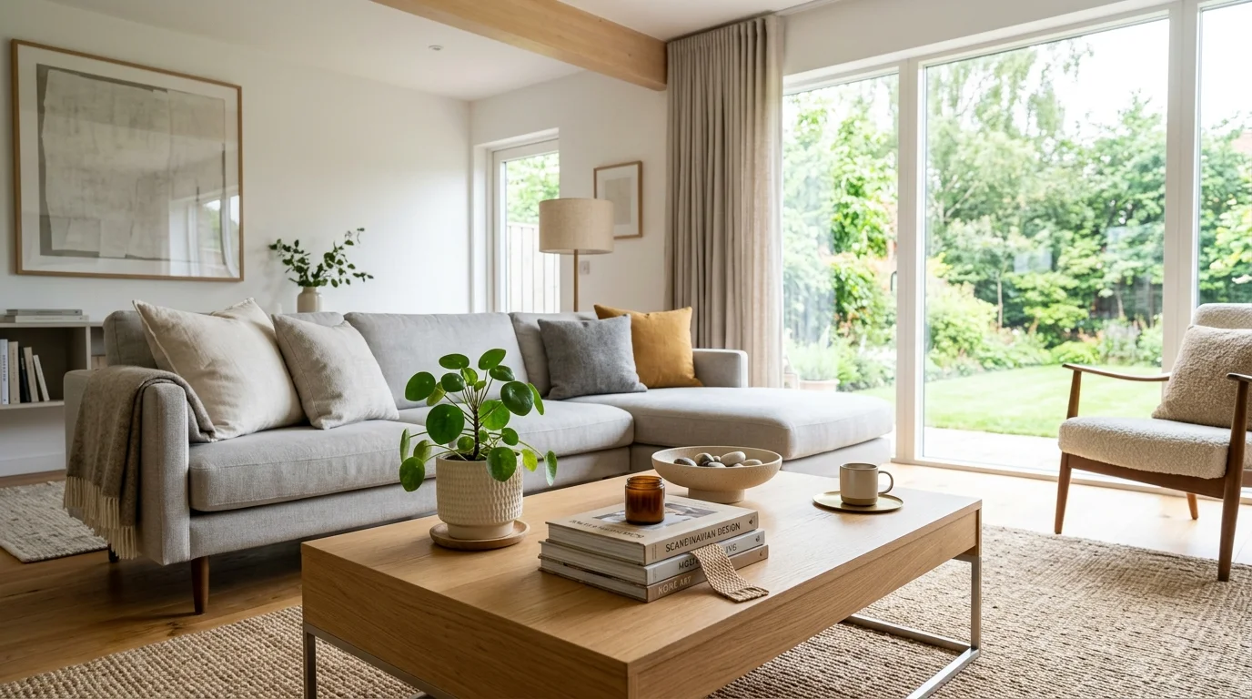 A coffee table greenery setup with simple styling.