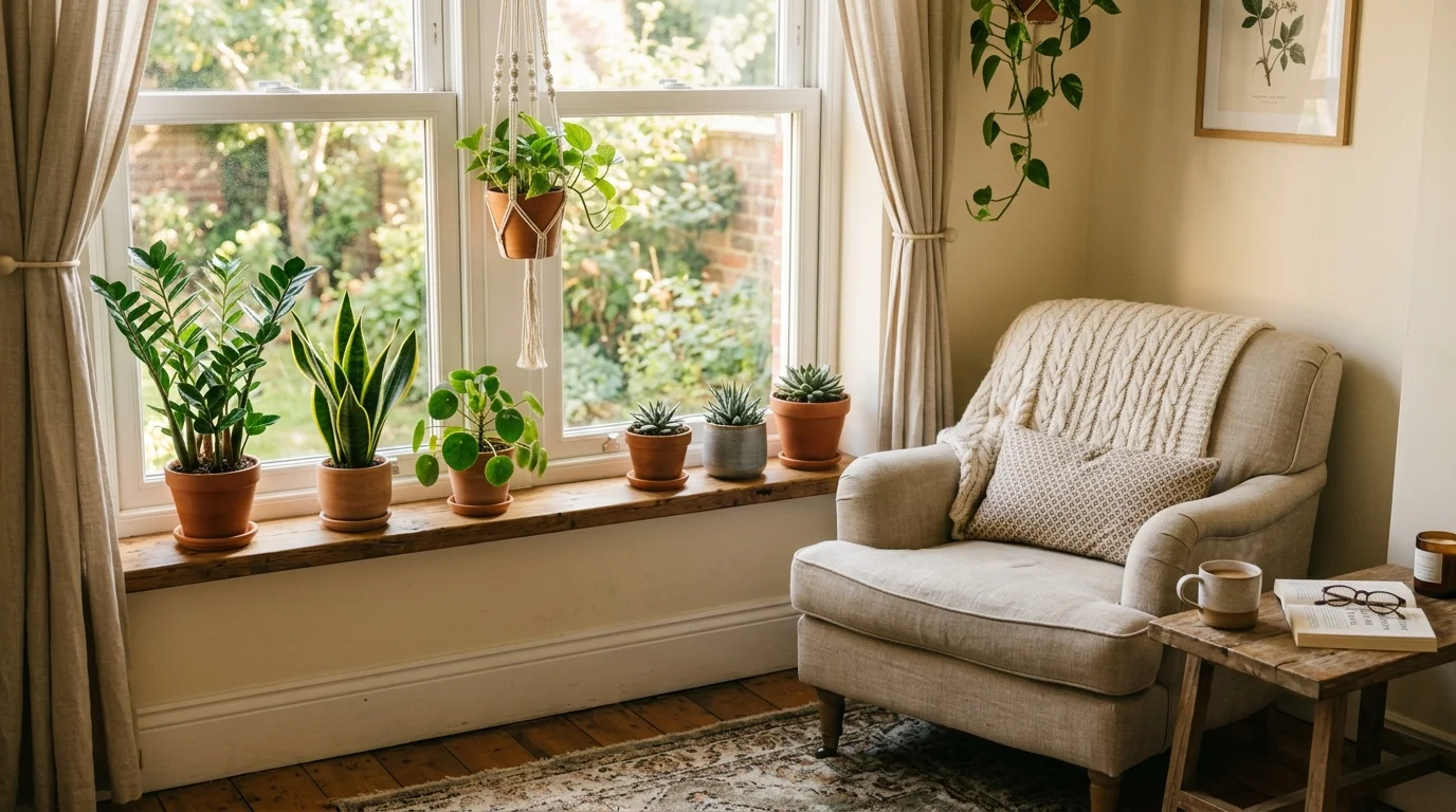 A window corner plant setup with layered height.