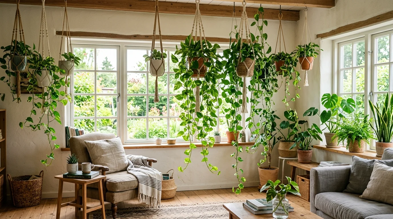 Hanging indoor plants adding vertical texture.