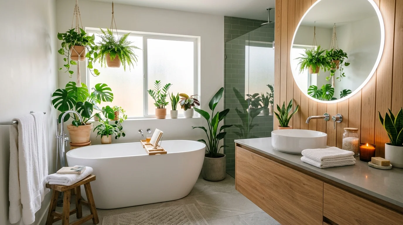 Bathroom plant styling for low-care greenery.