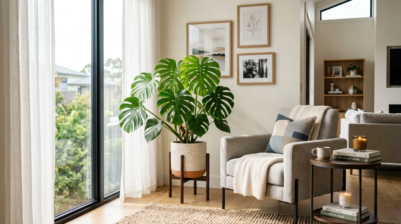 A floor plant statement piece in a living space.