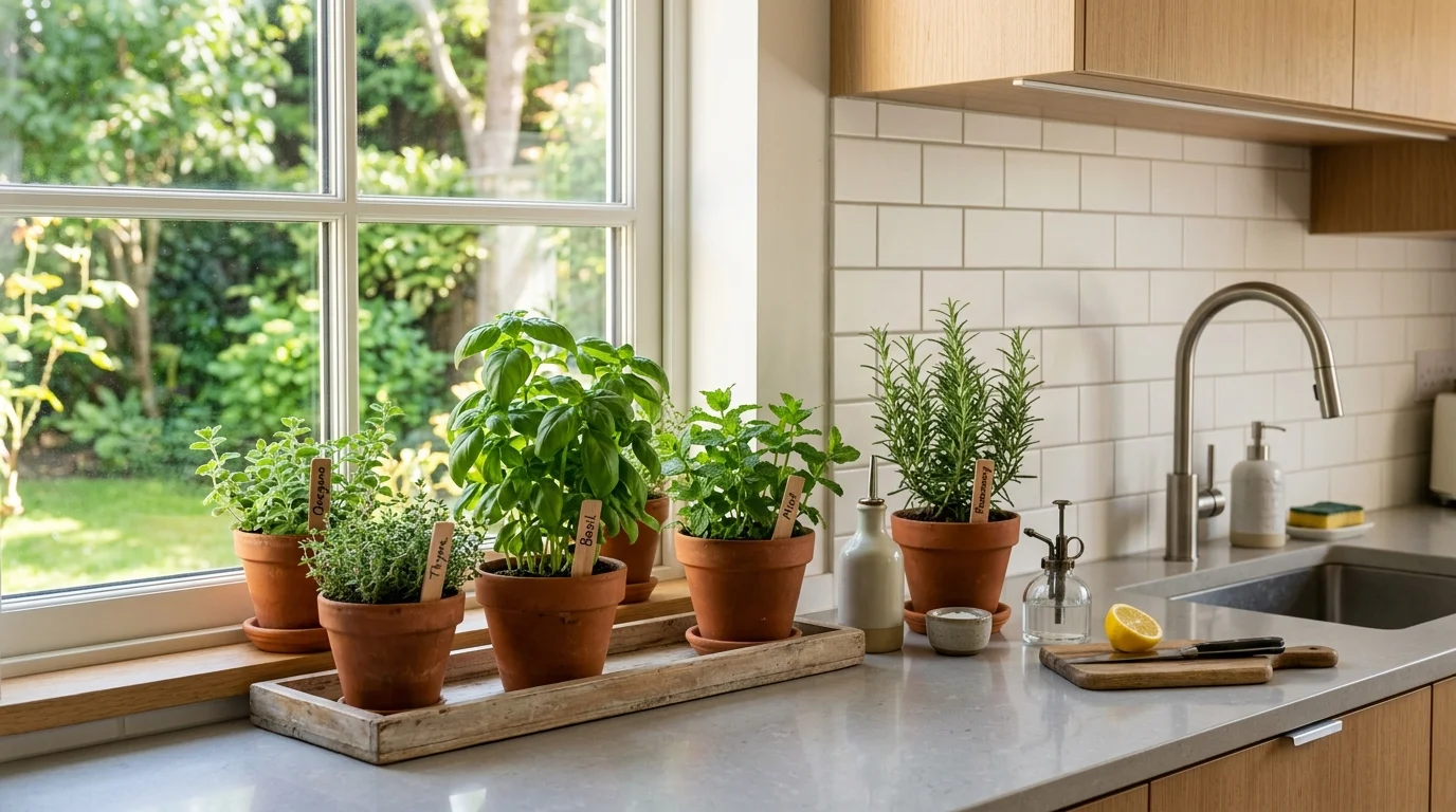 Kitchen plant styling with low-maintenance greenery.