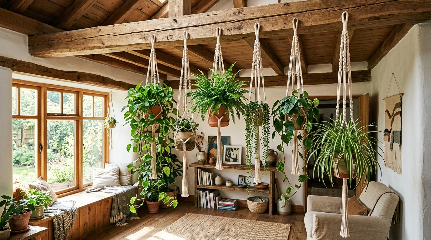 Rustic Wooden Beam Hanging Plants image.
