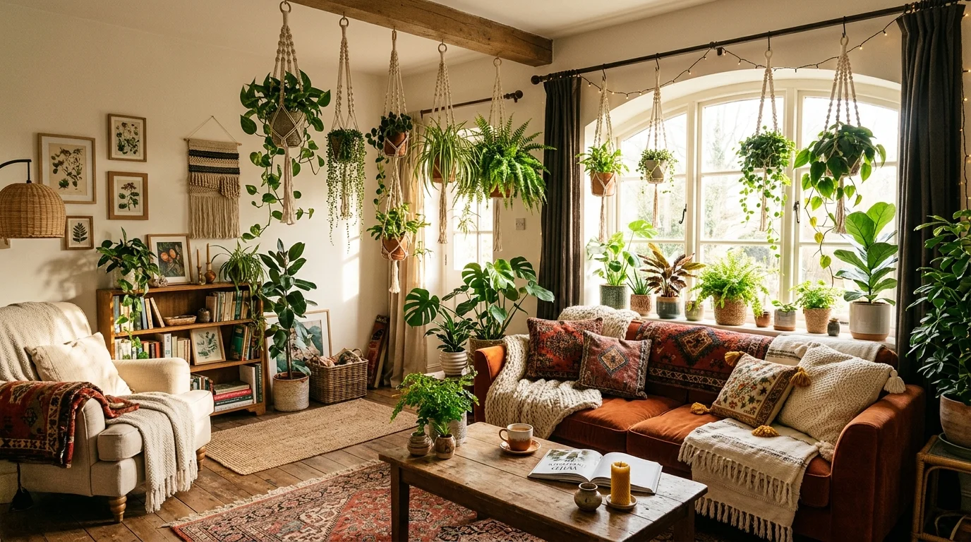 Boho Living Room Plant Display image.