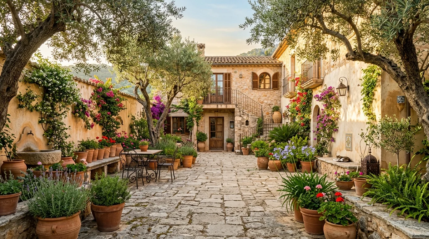 A stone courtyard garden with Mediterranean charm.