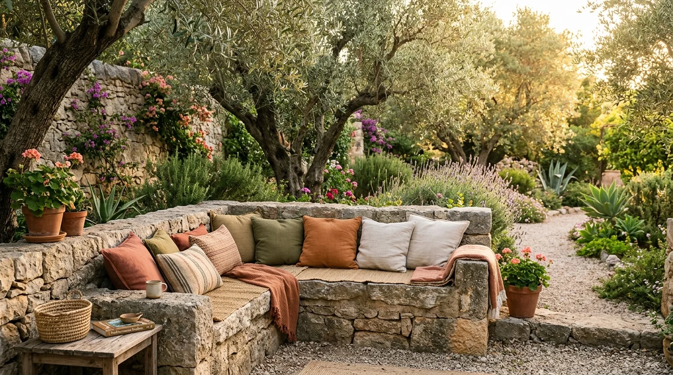 A rustic stone seating area in a Mediterranean garden.