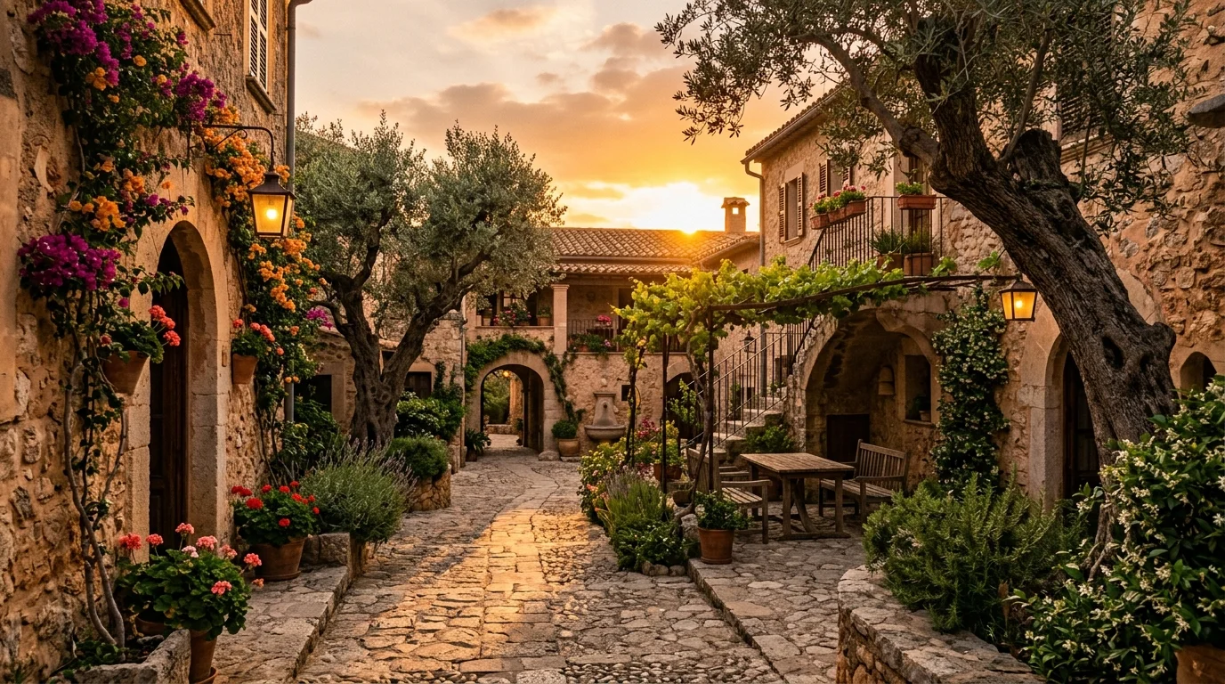 A sunset Mediterranean courtyard with warm light.