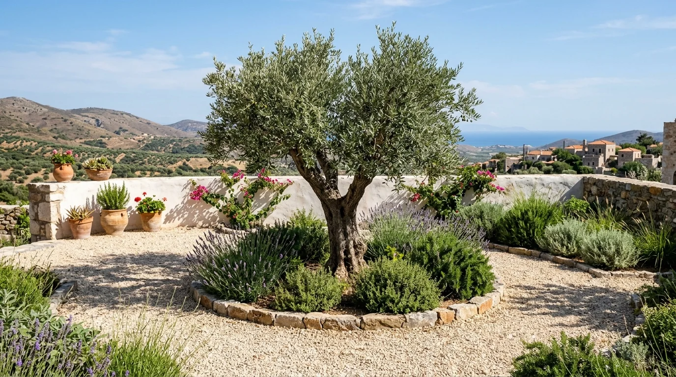 An olive tree focal point in a Mediterranean garden.