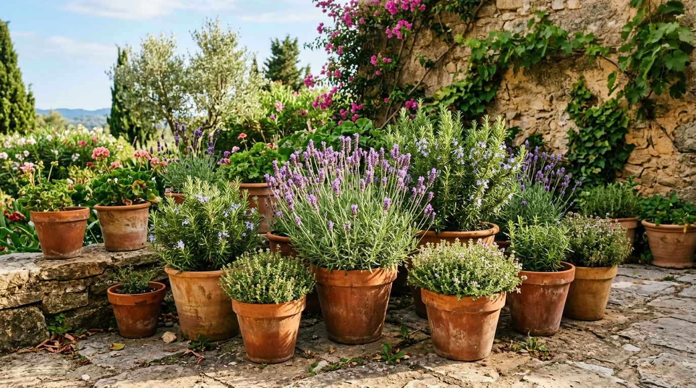 Terracotta pot groupings in a Mediterranean setting.