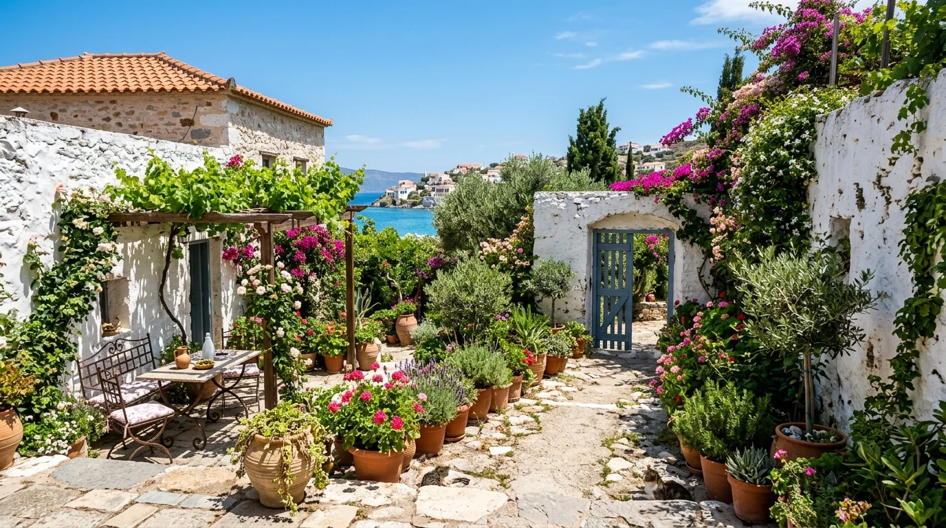 Whitewashed walls with lush greenery.