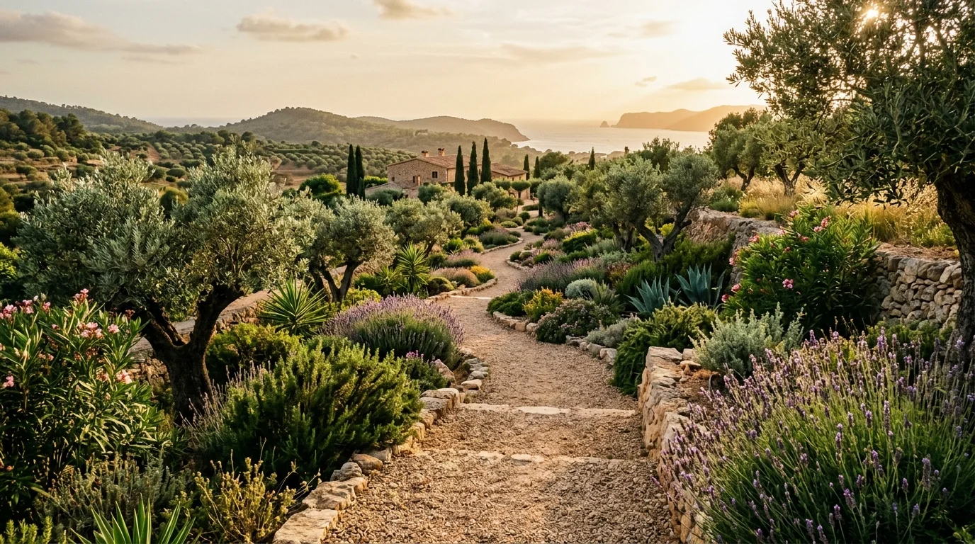 A gravel pathway garden with Mediterranean charm.
