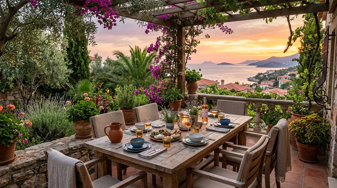 An outdoor dining terrace with Mediterranean styling.