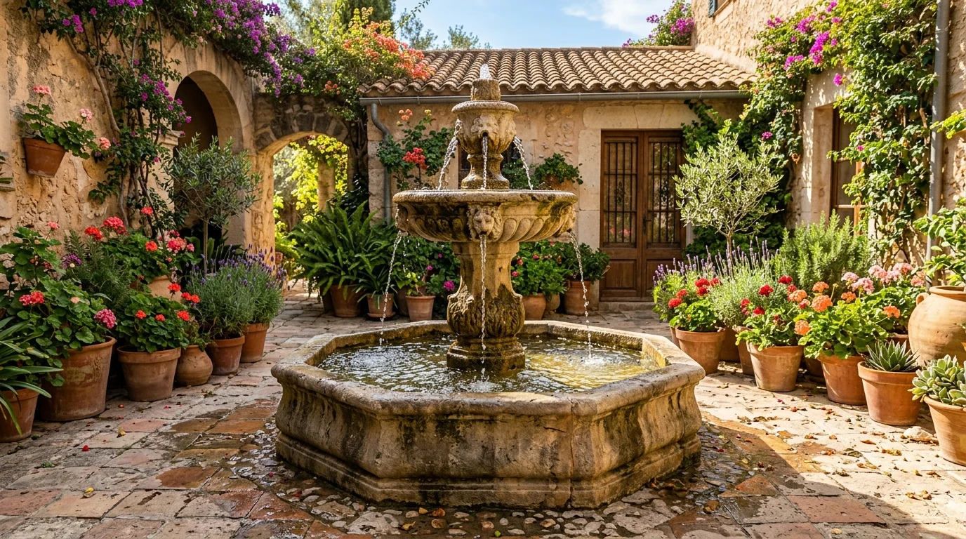 A fountain courtyard feature in a Mediterranean garden.