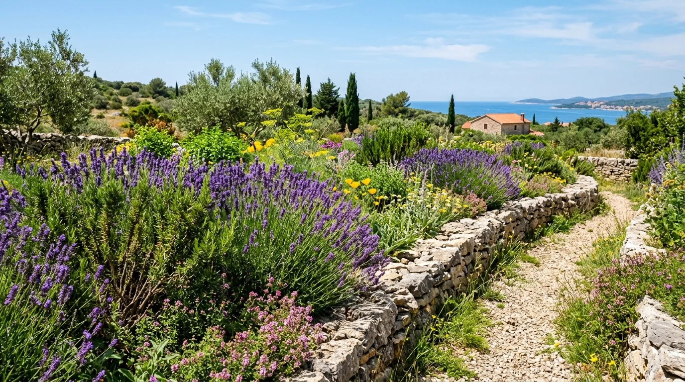 Lavender and herb borders in a Mediterranean garden.