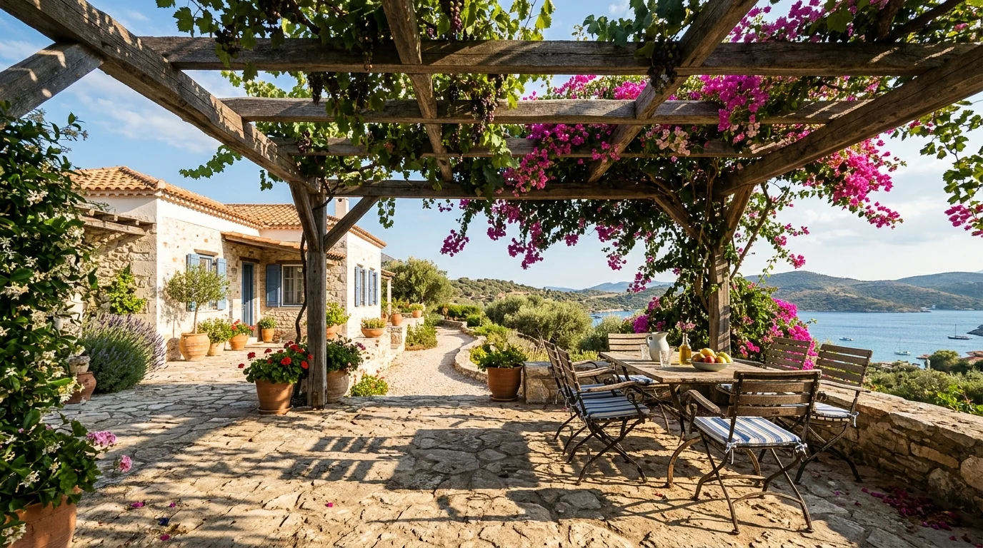 A pergola with climbing vines in a courtyard.