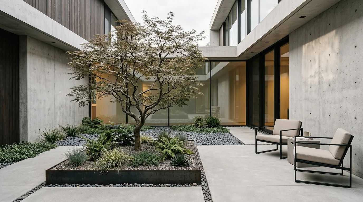 A minimalist concrete courtyard with clean lines and modern planting.