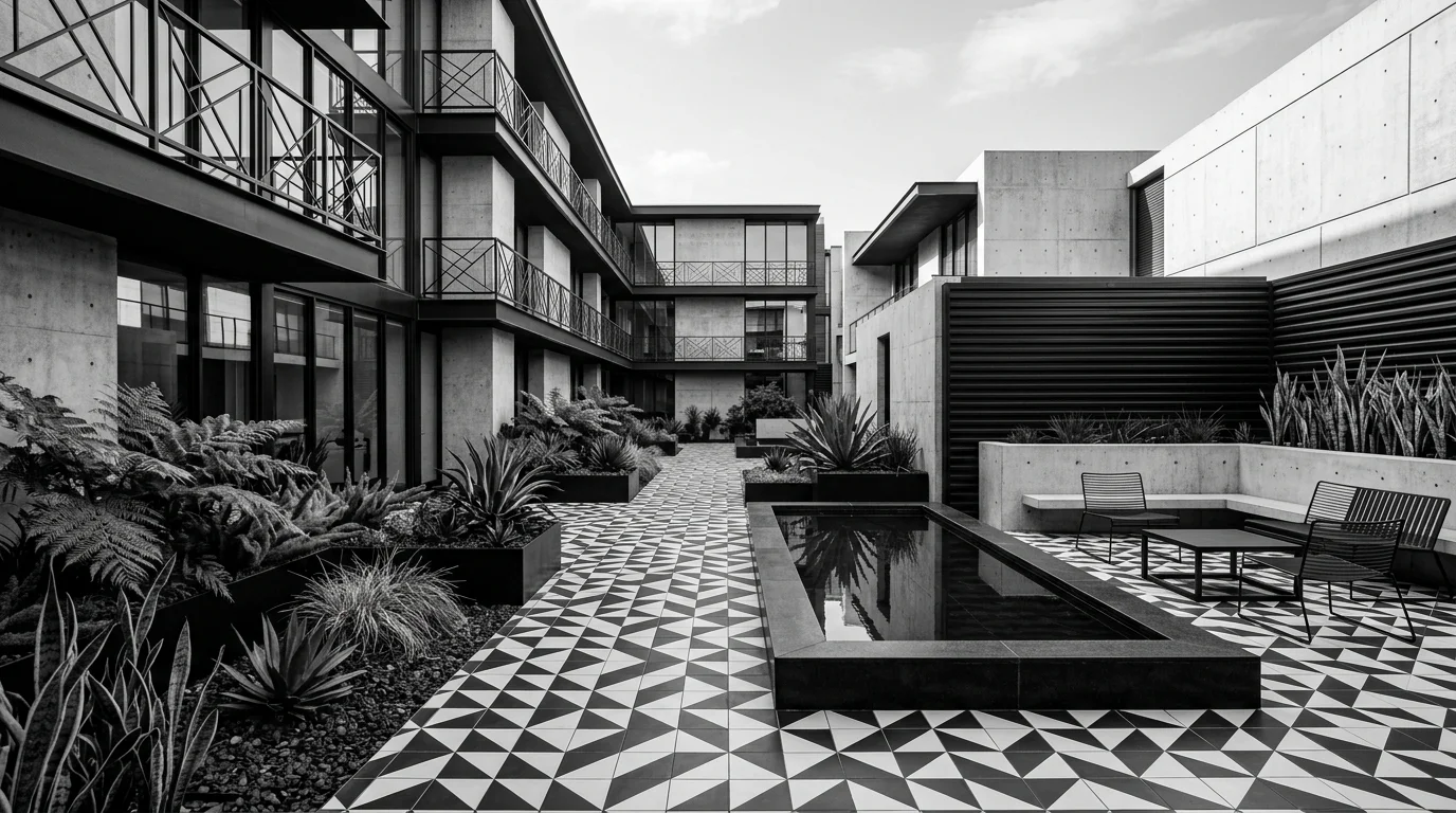 A black and white modern courtyard layout.