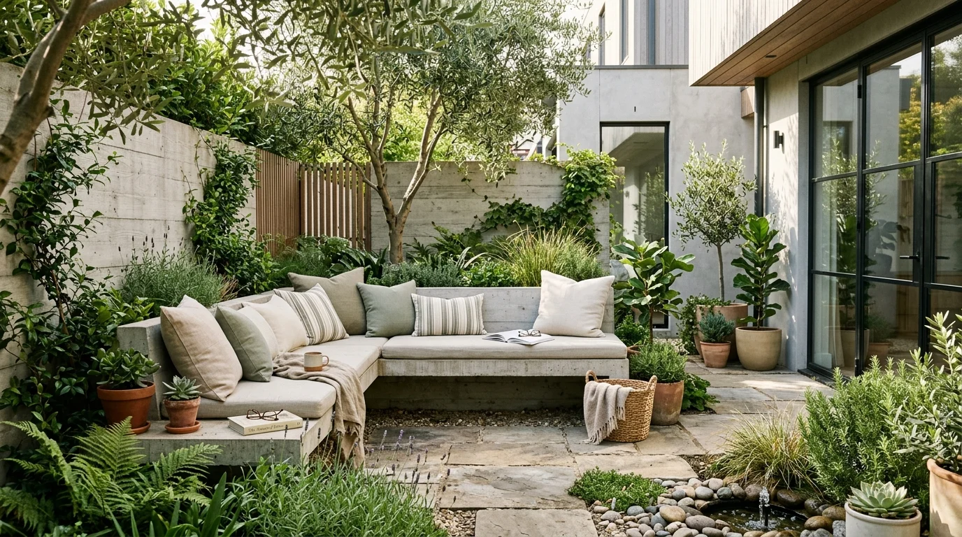 A courtyard with built-in seating and clean modern lines.