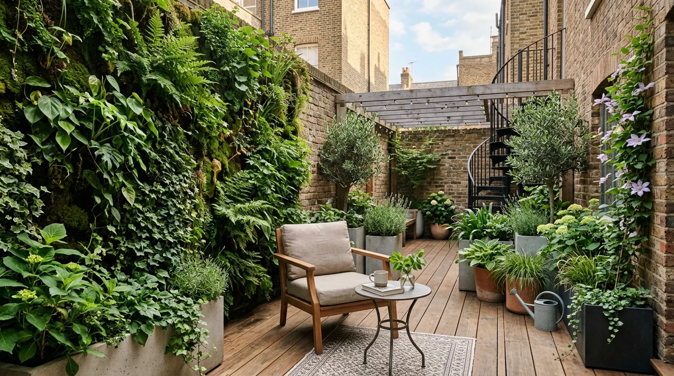 A small courtyard with a vertical garden wall.