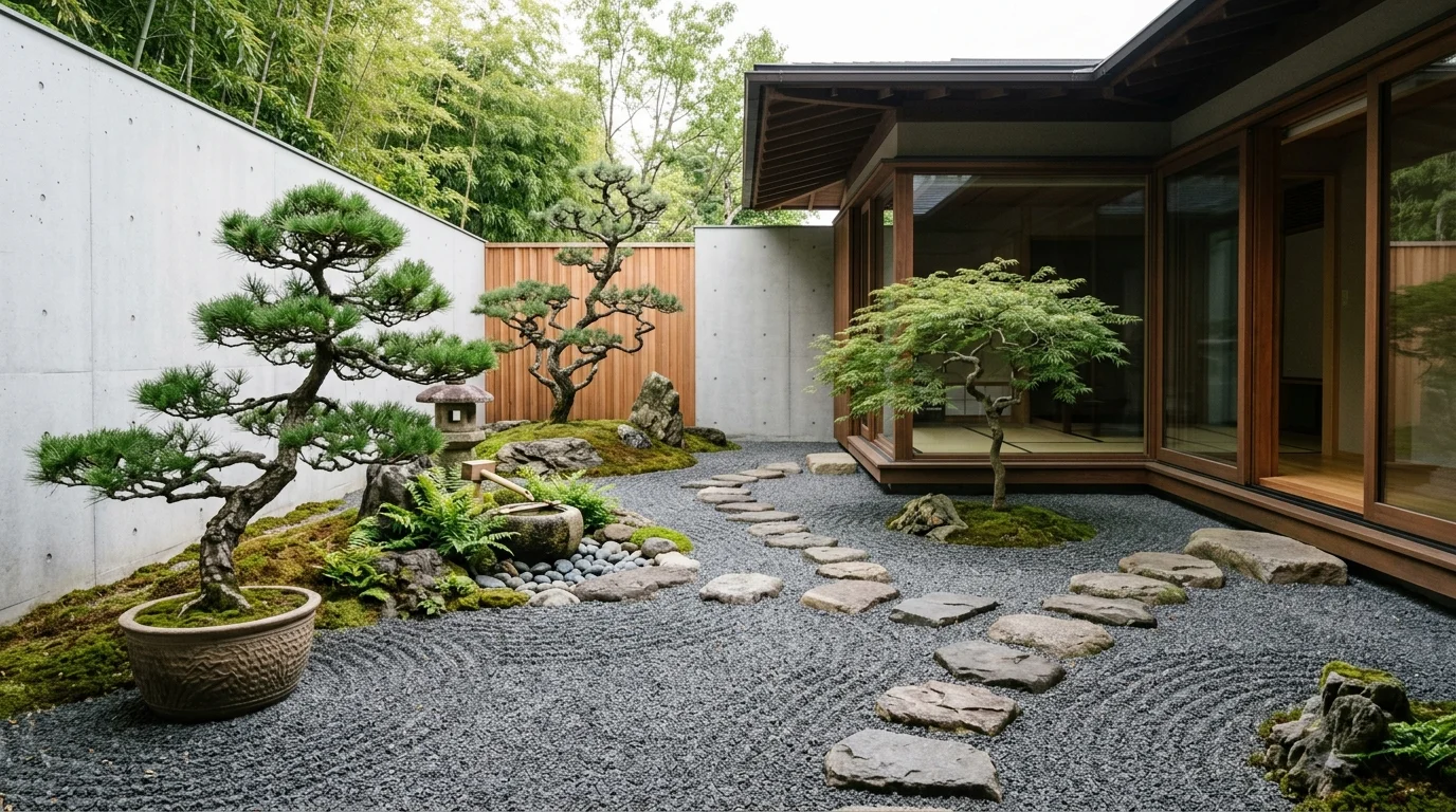 A gravel zen courtyard with calm, minimal styling.