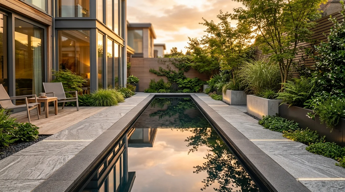 A courtyard with a modern water feature.