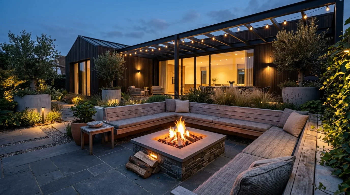 A cozy fire pit courtyard with modern seating.