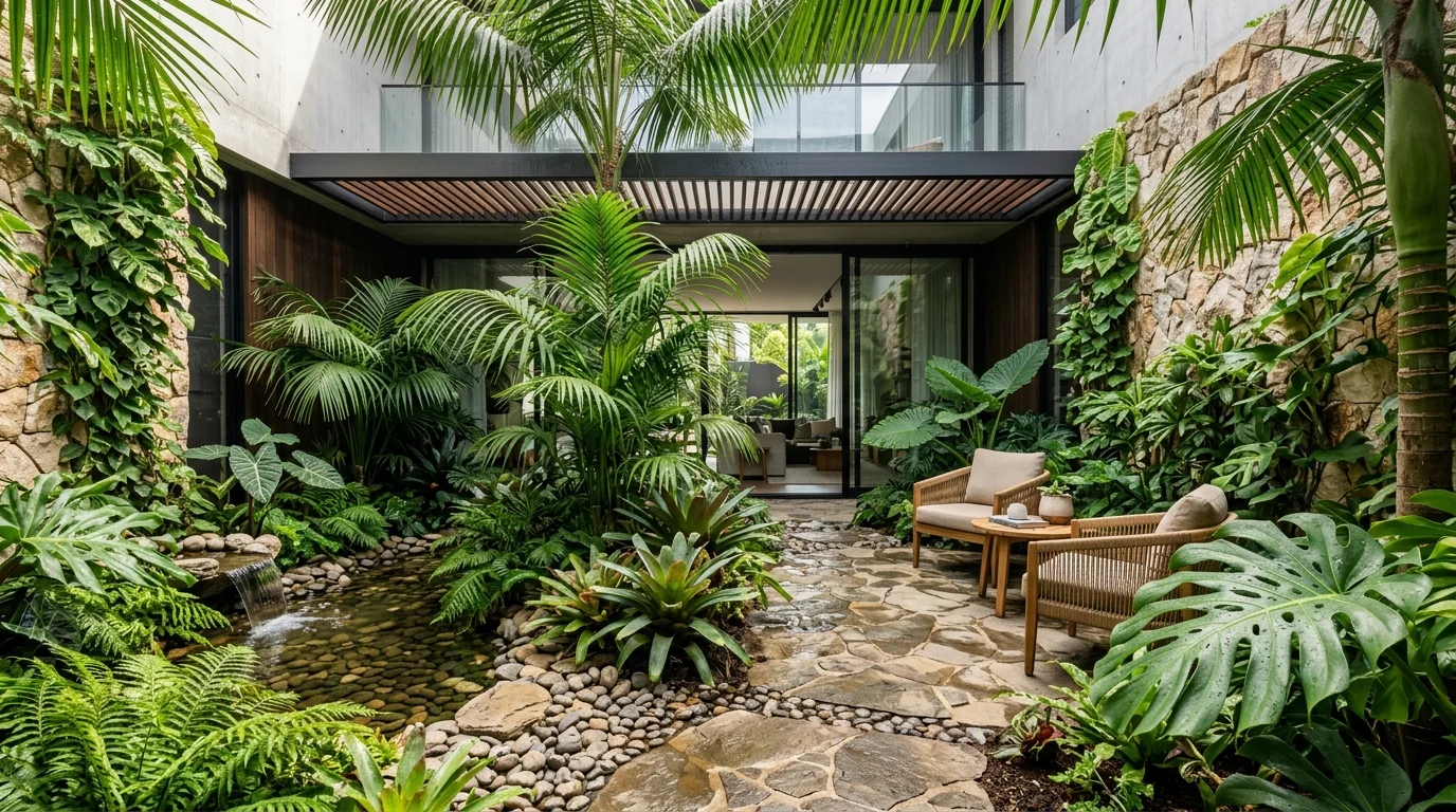 A lush tropical courtyard with modern structure.