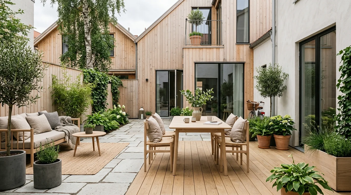 A Scandinavian style courtyard with light wood and clean lines.
