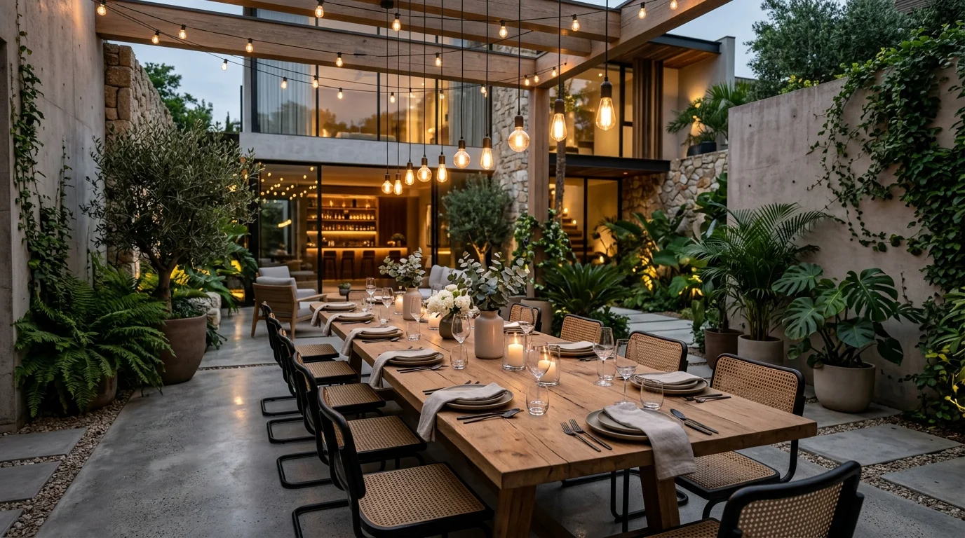 A courtyard dining space designed for modern outdoor living.