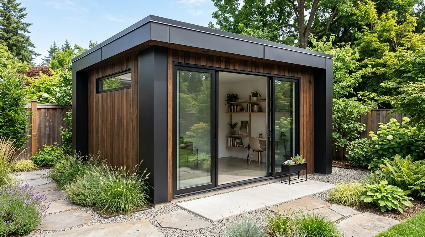 A sleek minimalist shed designed as a modern backyard upgrade.