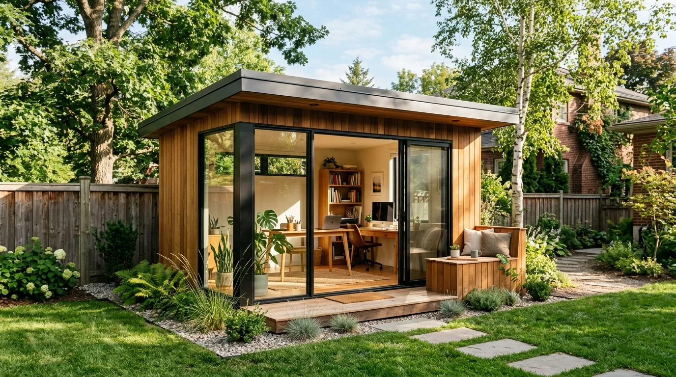 A small studio-style shed designed as a practical backyard retreat.